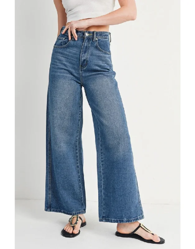 Mid Rise Wide Leg Jeans Stone Blue Fashionable Raw Edge Jeans