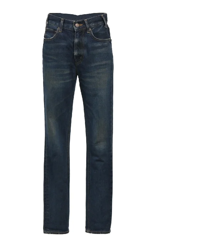 Blue Cotton Denim Jeans with Faded Thigh Details Stylish Relaxed Fit Skinny Jeans