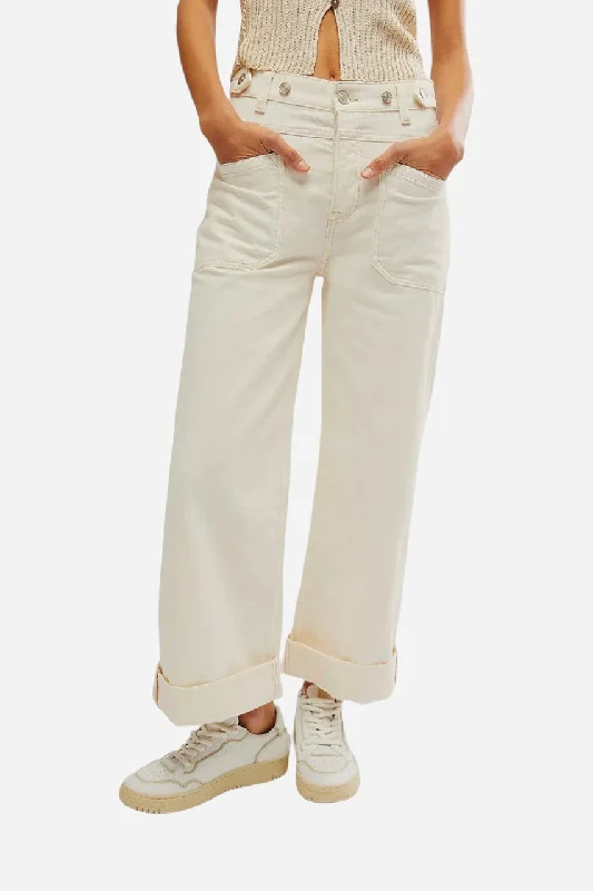 Free People Palmer Cuffed Jeans in Eggshell Elegant Wide-Leg Jeans