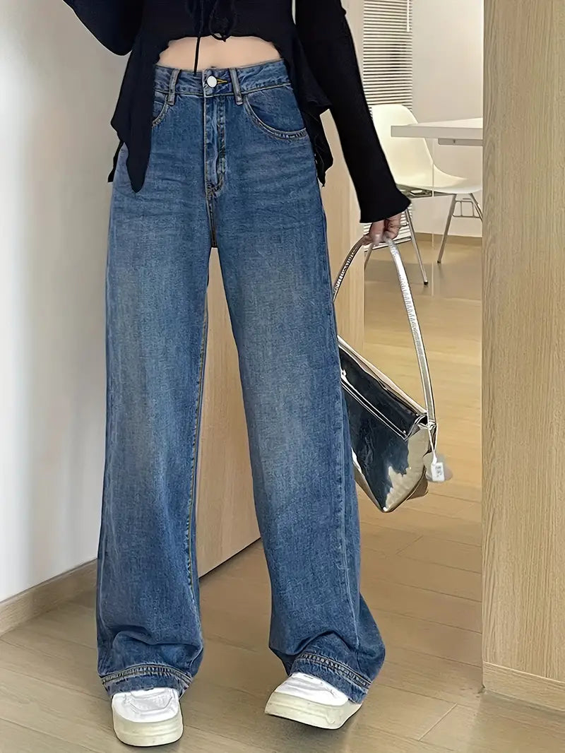 Retro Style Wide Legs Blue Loose Fit Baggy Jeans Fashionable Bootcut Jeans