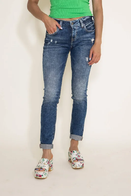 Silver Jeans Destructed Skinny Girlfriend Jeans for Women | L27137SJL388 Trendy Flared Leg Jeans