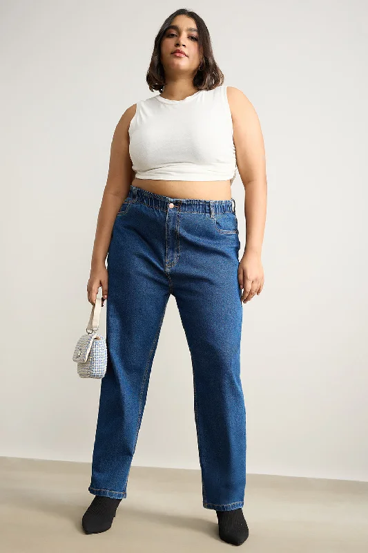 Stretchy Denim Blue Mom Jeans Trendy Classic Fit Jeans