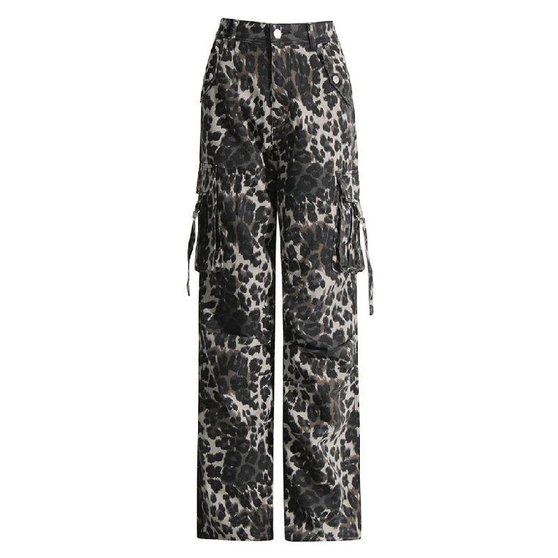 Untamed Leopard Print Folded Trim High Waist Wide Leg Draped Cargo Jeans Comfortable Full-Length Denim Jeans