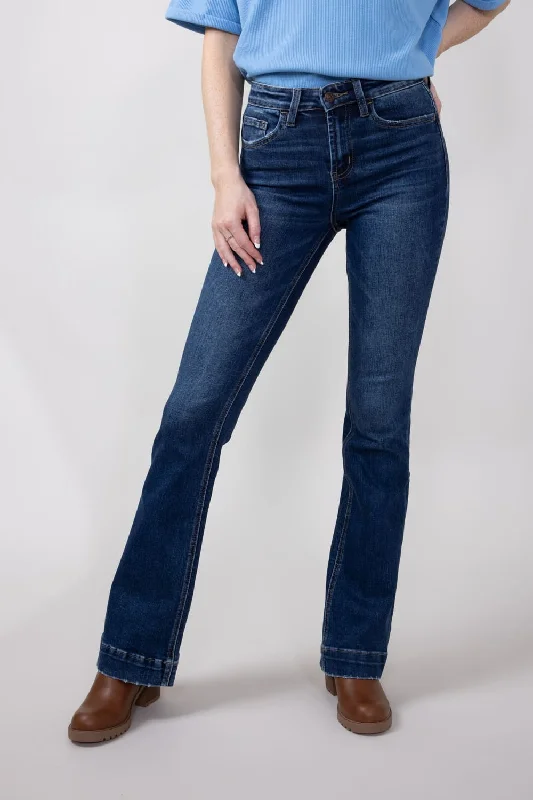 Vervet High Rise Dark Wash Trousers Hem Bootcut Jeans for Women | T6501 Elegant High-Waisted Flared Jeans