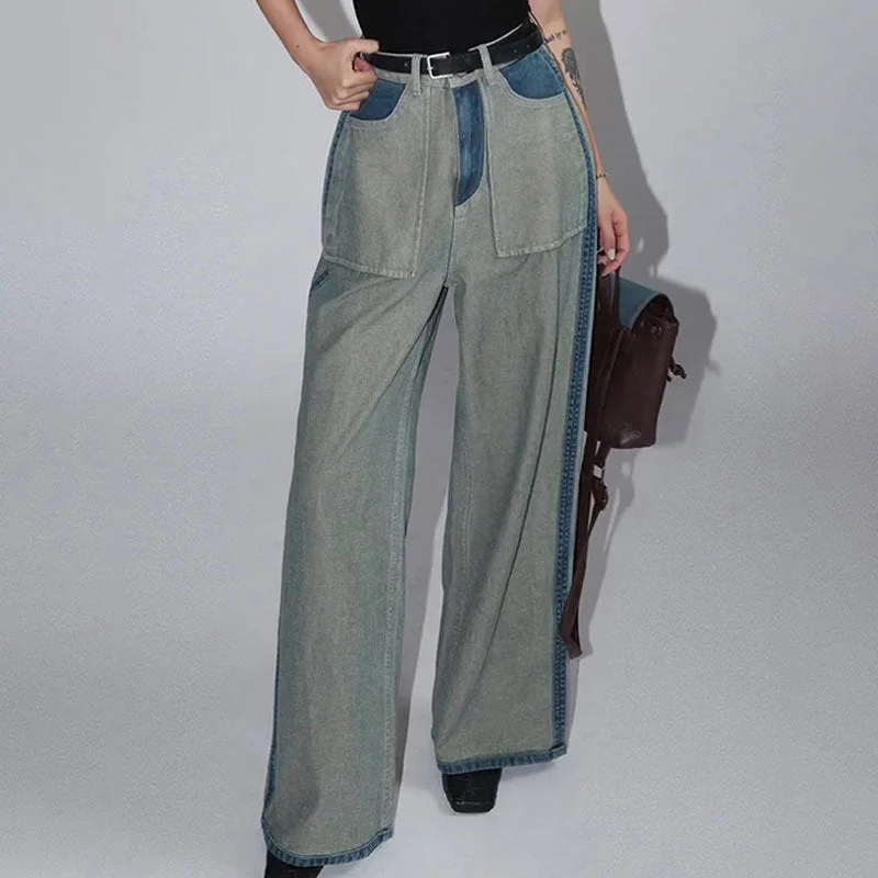 Vintage High Waist Cargo Pocket Wide Leg Contrast Panel Denim Jeans Stylish High-Rise Mom Jeans